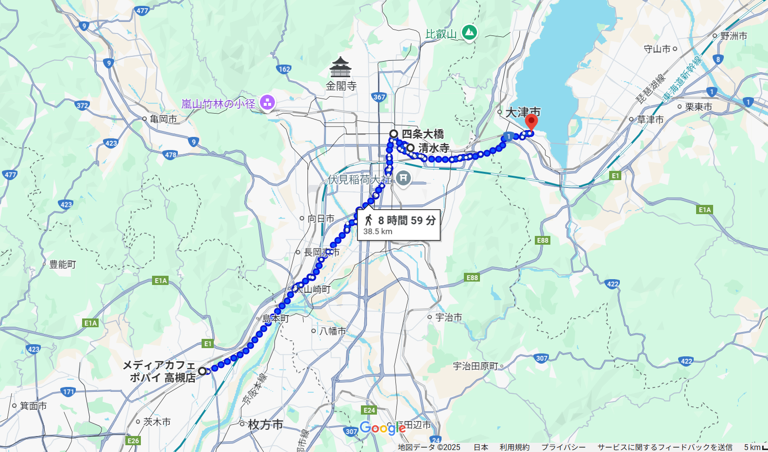 高槻市から大津市までの移動ルート