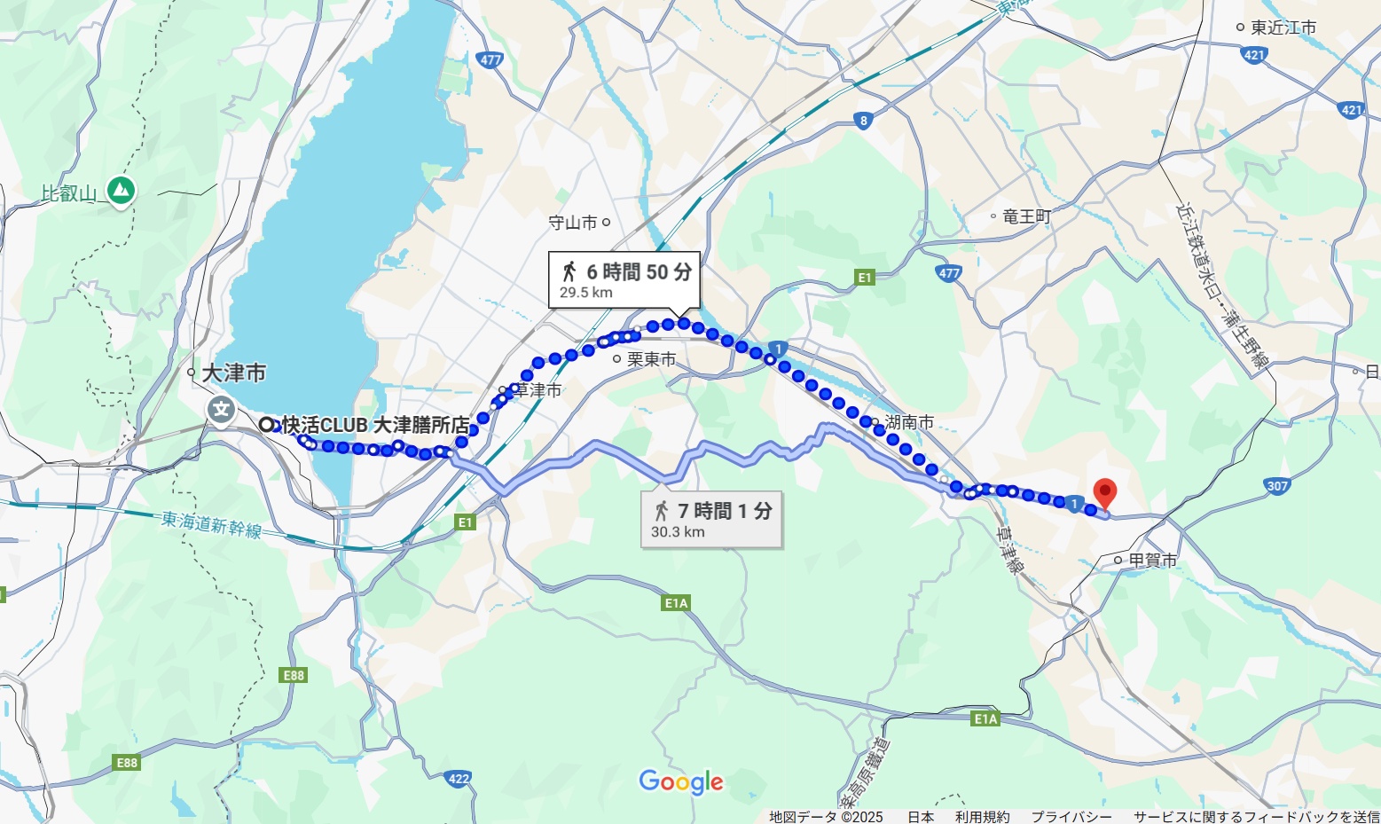 滋賀県大津市から甲賀市水口までの移動ルート