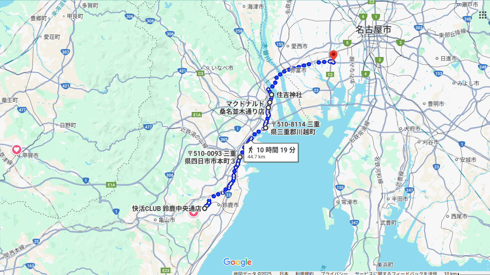 三重県伊勢市から愛知県名古屋市の徒歩旅のルート