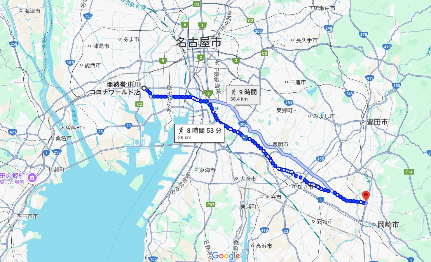 名古屋市中区から岡崎市までの徒歩ルート