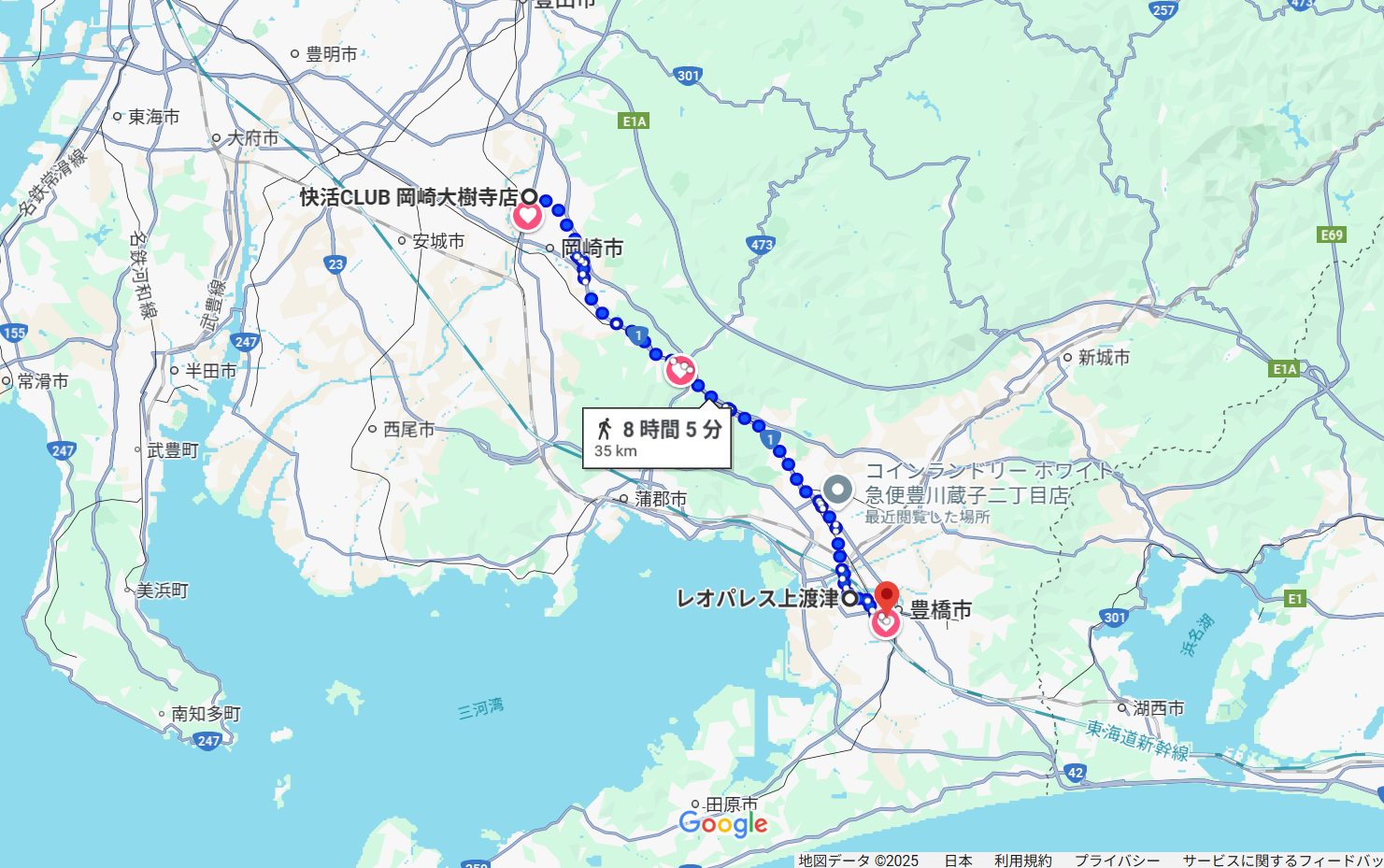 岡崎市から豊橋市までの移動ルート