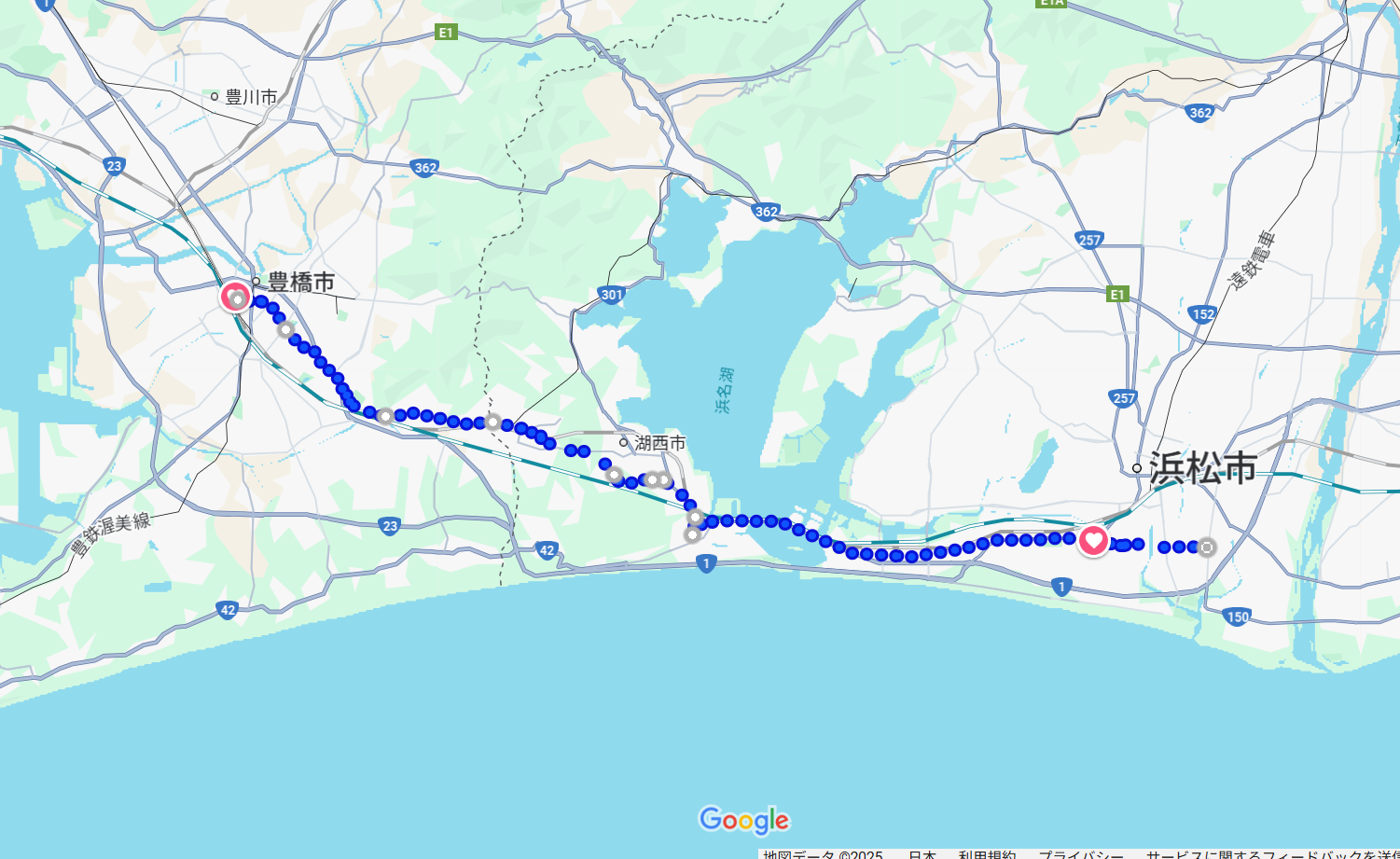 愛知県豊橋市から静岡県浜松市までの徒歩ルート