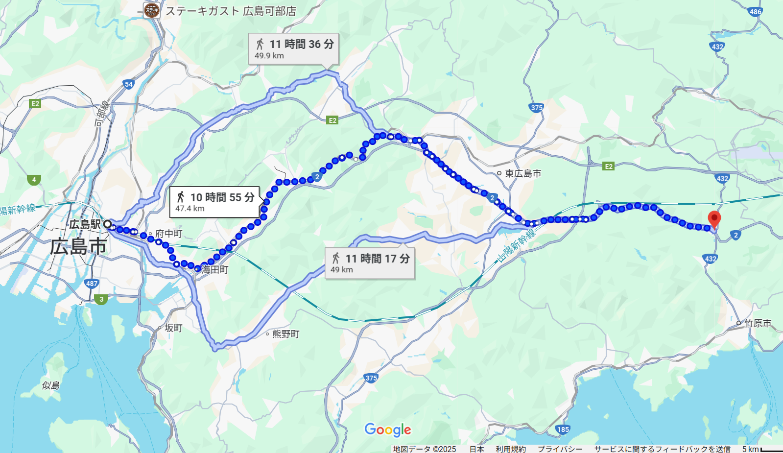 徒歩旅１日目の道のりです