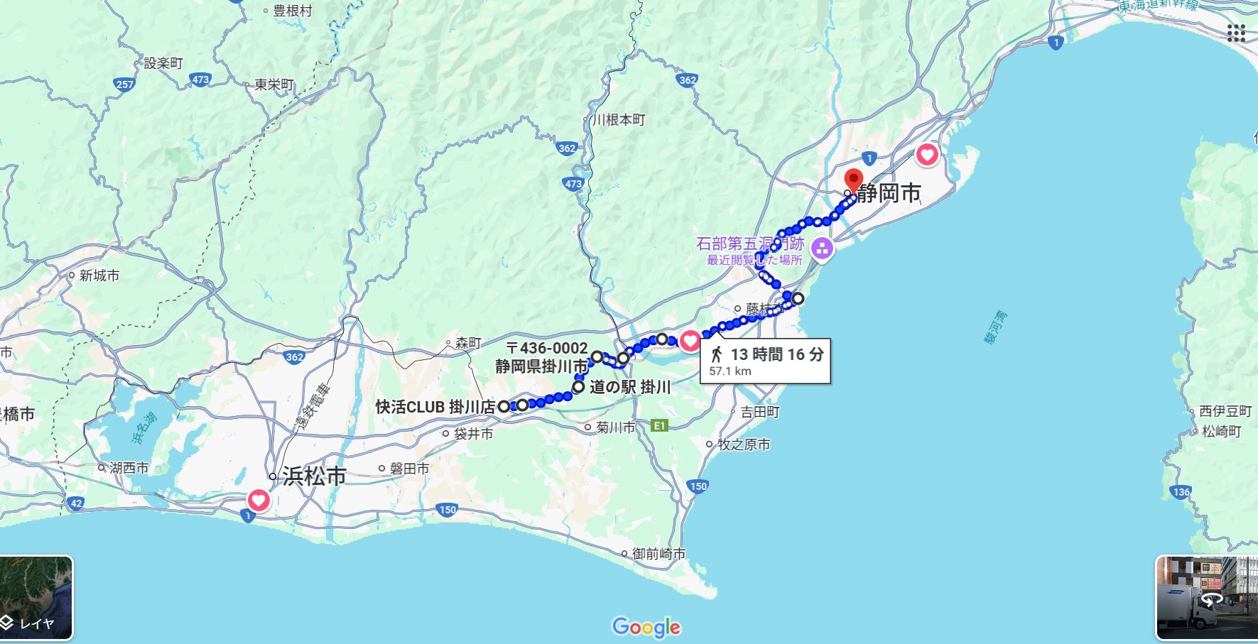 掛川市から静岡市までの徒歩ルート。ただし本当は静岡焼津線を抜けて静岡市へ行きました。