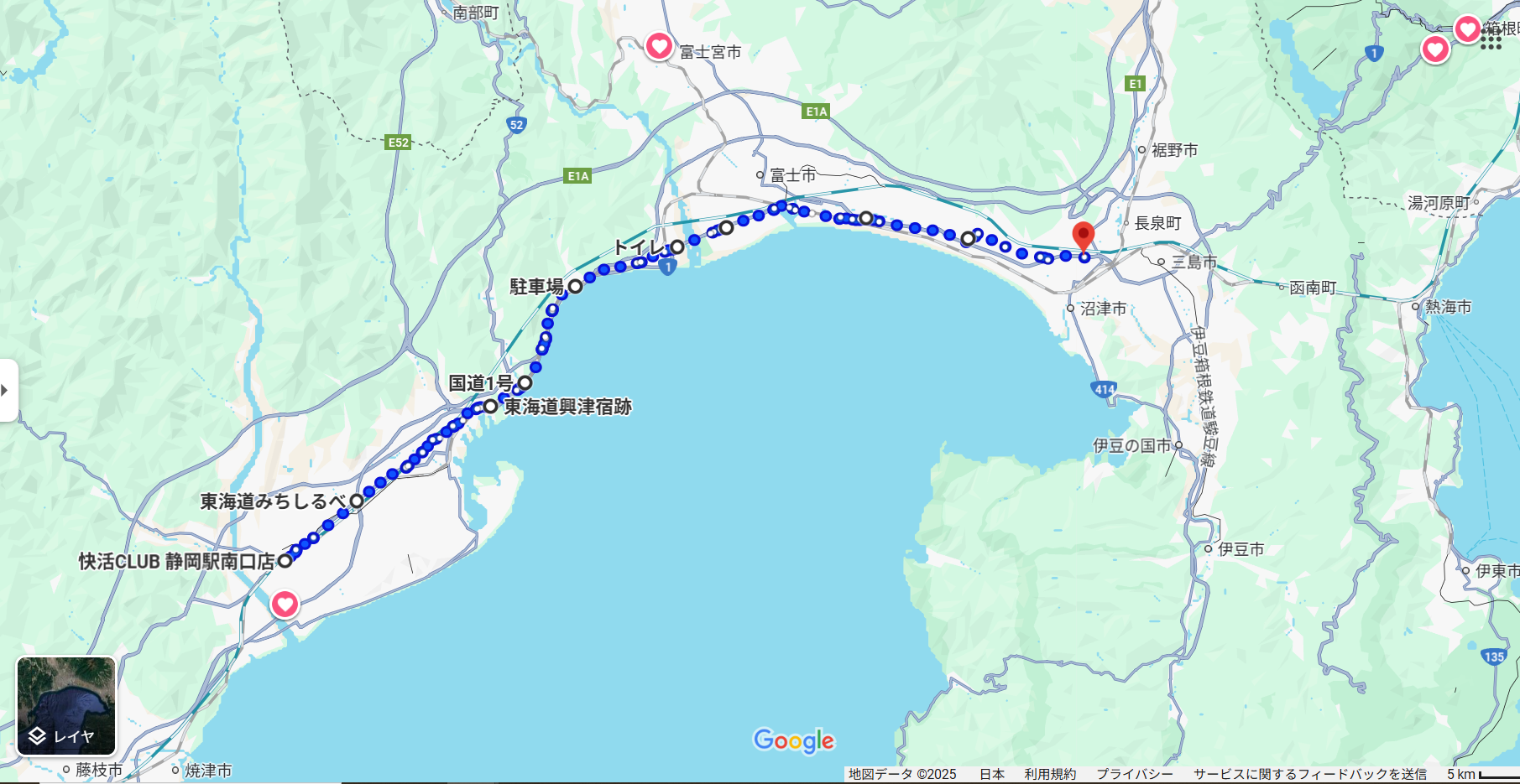 静岡市から沼津市までのい徒歩ルート