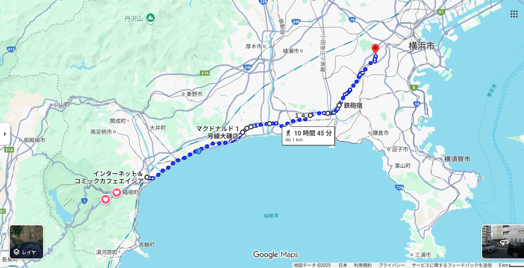 小田原市から横浜市戸塚区までの徒歩ルート